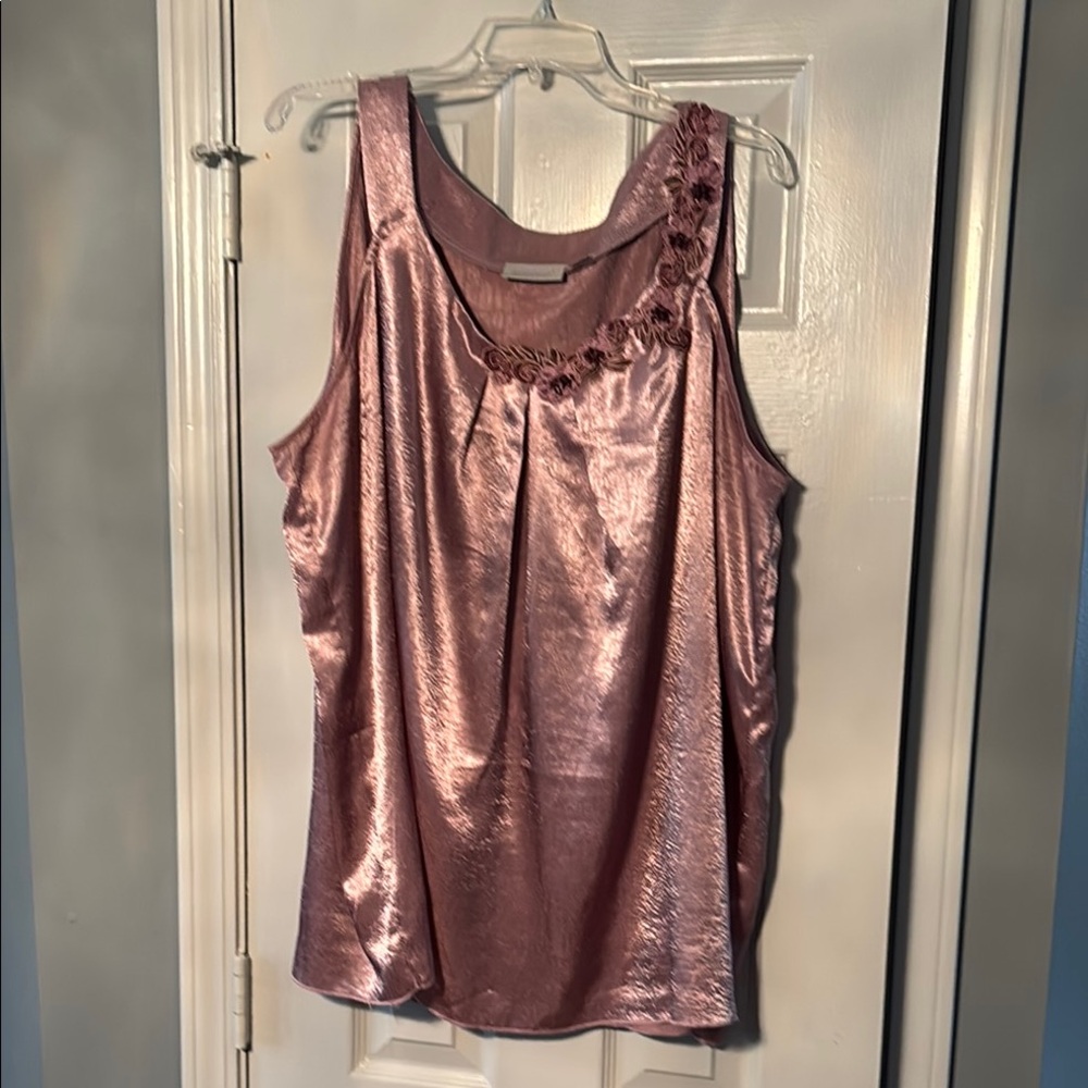 Avenue silky shiny rose colored dress tank with floral embellished yoke